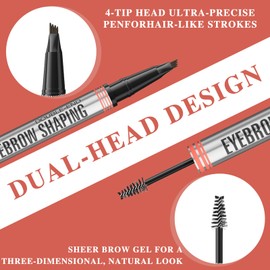 2-in-1 Eyebrow Pencil with Gel, Eyebrow Pencil with 4 Prongs Micro Fork Tips Applicator, Transparent Eyebrow Gel Strong Hold, Creates Full and Defined Eyebrows (02# Dark Brown)