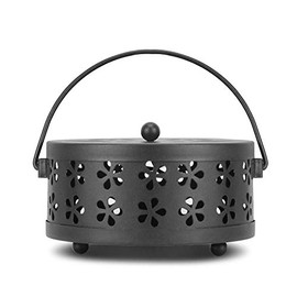 Retyion Retro Portable Iron Mosquito Coil Holder with Handle Round Fireproof Incense Holder for Home Office Camping (Black)