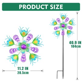 Solar Peacock Wind Spinners for Yard & Garden - 40 Inch Metal Wind Sculpture, Kinetic Windmill with Multi Color LED Lights, Lawn & Patio Art Decor