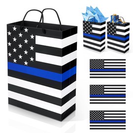 3 Pcs Police Officer Appreciation Gift Bags and Thank You Cards, American Flag Thin Blue Line Favor Bags for Retirement Ceremony and Police Academy Graduation