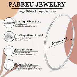 PABBEU Hoop Earrings 925 Silver for Women Thin Hoop Earrings Silver Lightweight Hoop Earrings Silver Large Hypoallergenic Silver Hoop Earrings Women Girls 30/40/50/60 mm, Silver, No Gemstone