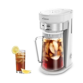 AEMEGO Iced Tea Maker, Brewing System with 2.5-quart Glass Pitcher, sliding strength selector, Stainless Steel Decoration, Reusable Filter（white）