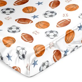 Sweet Jojo Designs Sports Theme Boy Baby Satin Fitted Crib Sheet Infant Newborn Nursery Toddler Bed Room Standard Mattress Watercolor Vintage Sport Soccer Balls Football Baseball Basketball Blue Stars