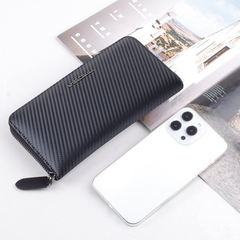VISOUL Leather Long Zipper Cash Wallets for Men with RFID