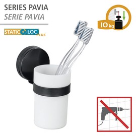 WENKO Bicchiere portaspazzolini Pavia colore Nero Static-Loc Plus. Fissaggio senza trapano. Tenuta mediante aderenza statica su superfici lisce ed impermeabili. Dimensioni (L x A x P): 6,5 x 12 x 9 cm