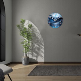 XFM Natural Landscape Analog Wall Clock Battery Operated 12 Inch - Moon Lake Glass Wall Clock for Living Room - Elk Blue Wall Clock Silent Non-Ticking