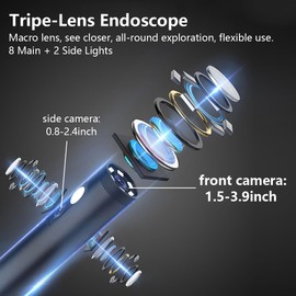 Triple Lens Industrial Endoscope, 1080P Borescope Inspection Camera with Lights, IP67 Waterproof Snake Camera, 7.9mm 5" IPS Screen Borescope Scope Camera (16.5FT/5M)