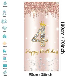 4th Birthday Girl Decoration, Happy 4th Birthday Door Banner Rose Gold, 4th Birthday Fabric Sign Poster Door Decoration, 4 Birthday Background Banner, Birthday Party Welcome Sign
