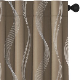 Deconovo Blackout Back Tab Silver Curved Wave Pattern Printed Curtains, Khaki, 42W x 84L