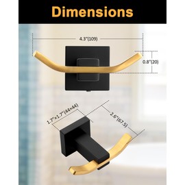 WOWOW Towel Hooks for Bathrooms Black and Gold, SUS304 Stainless Steel Coat Hook, Bathroom Robe Towel Holder, Heavy Duty Robe Hooks, Bathroom Double Towel Hooks for Coats, sponges, Wall Mount