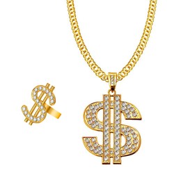 Liitata 2 Pcs Dollar Sign Necklace Rings Set Hip Hop Dollar Necklace Rapper Punk Gold Chain 80s 90s Costume Accessories for Men Woman Mardi Gras Carnival Party