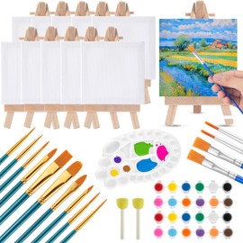 Mini Lienzos y Caballetes, 10 Juegos de Caballete de Pintura con Mini Lienzos y Bastidores, 14 Pinceles Profesionales, 1 Paletas de Arte, 12 Colores de Pintura Lavable, Ideal para Niños, Casa, Escuela