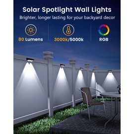 JOFIOS Solar Fence Lights Outdoor Waterproof, 80 Lumens Solar Lights for Fence with Warm White & RGB 8 Colors,Outdoor Solar Light for Deck, Patio, Backyard, Fence, Railing (8-Pack-Black)