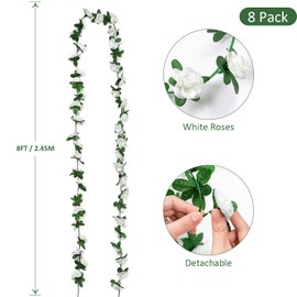 KHOYIME 8 Pack 64 FT Artificial Flower Garland, Fake White Roses Vines Silk Flowers Faux Plastic Outdoor Hanging Floral Ivy Garland Decoration for Wedding Arch Bedroom Home Wall Backdrop Room Decor