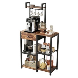 Usumairu Kitchen Bakers Rack,Microwave Stand with Storage,Adjustable 6 Tier Coffee Bar Staion,Free Standing Bakers Rack with Drawer and Hooks,Kitchen Appliance Storage Shelf for Spices,Pots