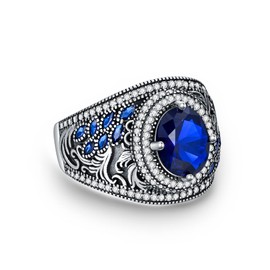 PYTALI Round Sapphire Gemstone Ring for Men Sterling Silver Oxidized Men's Ring Vintage Retro Jewelry(11)
