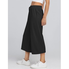 TARSE Women's High Waisted Capri Pants Petite Soft Lounge PJ Pants Summer Beach Wide Leg Sweatpants with Pockets (Black,S)