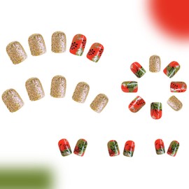 Press on Nails Short Square Fake Nails with Leaves Designs Fall Winter Nails Press ons Gold Glitter Glue on Nails Red Orange Acrylic Nails Cute False Nails Artificial Stick on Nails for Women 24Pcs