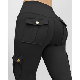 CHICME Women High Waist Cargo Leggings Seamless Workout Leggings Tummy Control Pocket Design Black Yoga Pants-S
