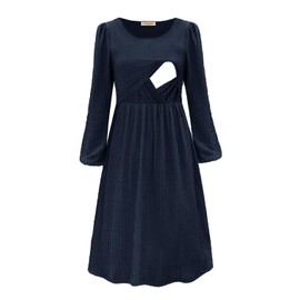 CzzzyL Pregnancy Nursing Dresses for Women Lantern Long Sleeve Maternity Square Neck Autumn A Line Breastfeeding Sundresses(Navy,Small)