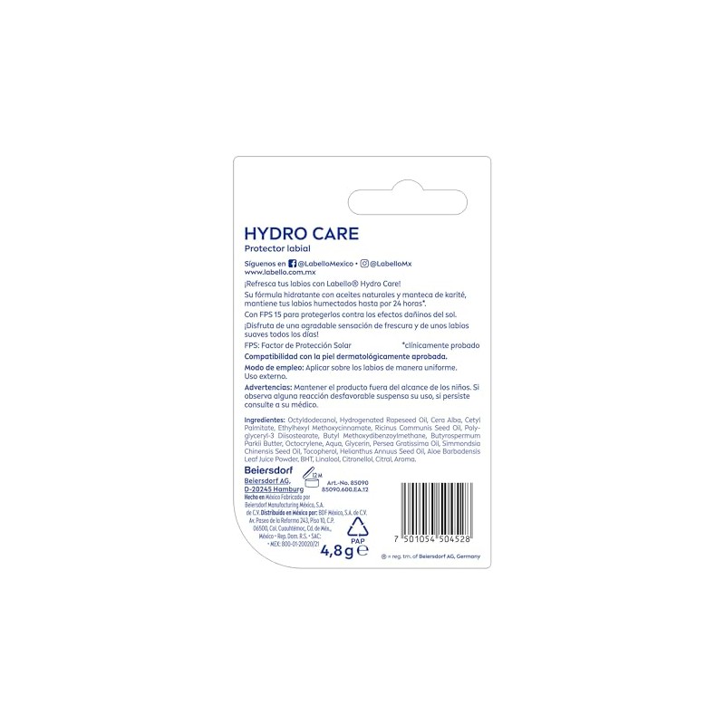LABELLO Bálsamo labial Hydro Care (4.8g) protector labial hidratante FPS