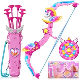 Juguetes de Unicornio para Niñas de 3-12 Años, 6 Luces Mágicas Arco y Flecha (Cuerno de Unicornio, Alas, Estrella, Brazos Superior e Inferior), Carcaj de Ensueño y Diana de Princesa, 8 Flechas de