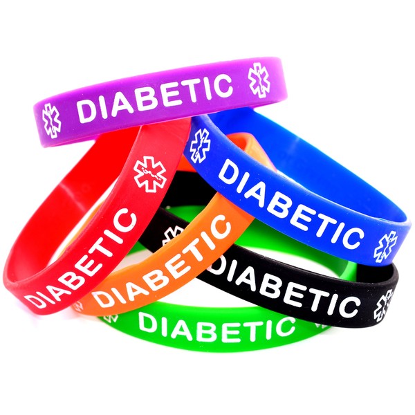 Diabetic ID Bracelet Wristband Combo - 6 Pack - 7 Inches - Youth - Black Blue Green Red Orange Purple