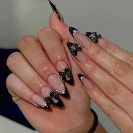 French Tip Press on Nails Almond Fake Nails with Designs Medium Artificial Nails Black Bow Rhinestone Charms Glue on Nails Full Cover Acrylic Nails Stick on Nails for Women 24 Pcs