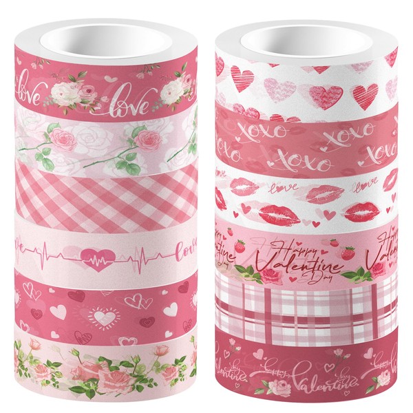 Konsait 12 Rolls Washi Tape Set Valentine Washi Tape Heart Washi Tape Stickers Valentine Decorations Valentines Day Crafts Supplies for Journaling, Scrapbooking, and Wrapping Total 196.9 ft
