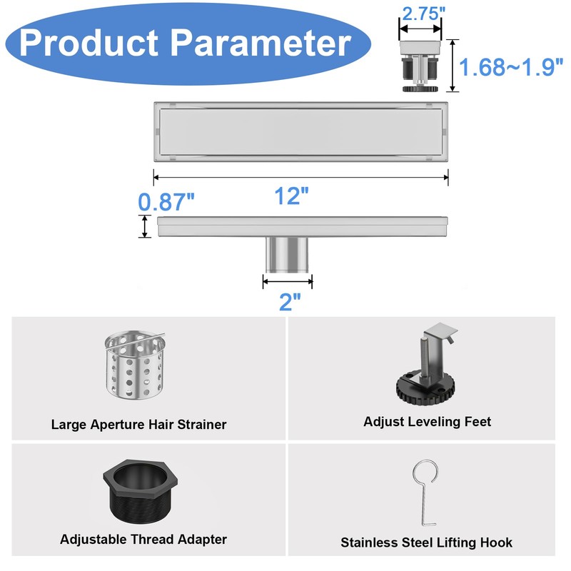 12-Inch Linear Shower Drain with Tile Insert Grate, SUS 304
