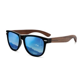 MIAROZ Wooden Sunglasses, Polarised Sunglasses for Men and Women with UV400, 100% Anti-UV Protection, Unisex Glasses, Dark blue and walnut wood