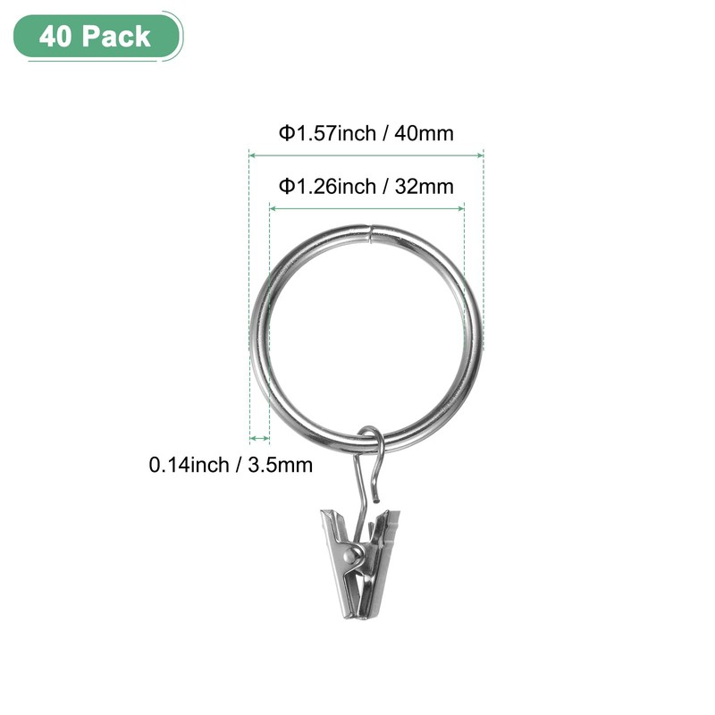 M METERXITY 40-Pack Silver Curtain Rings with Clips, Rustproof Metal