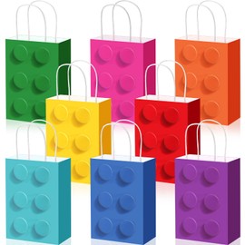 Sabary 48 Pieces Building Block Party Favor Gift Bags, 8 colors Bricks Candy Treat Paper Bags, Building Block Gift Goodie Bags with Handle for Birthday Party Baby Shower Decoration Supplies