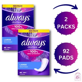 Always Dailies Large Pantyliners, 2 Packs of 46, 92 in Total, Up to 100% Odor Control, Daily Freshness, Feminine Hygiene Protection, Enhanced Absorbency, Comfort Inlay, Stay Fresh Throughout The Day