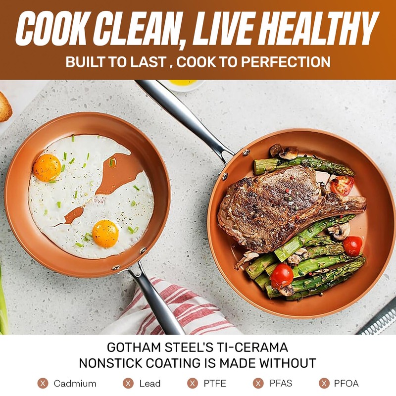 Gotham Steel 9.5 Inch Copper Non Stick Frying Pans, Ceramic
