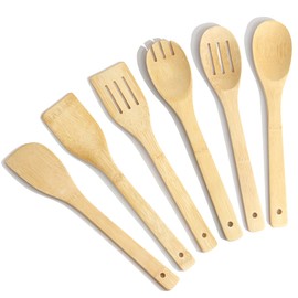 Berglander Wooden Kitchen Utensils Set 6 Pcs, Cooking Utensil Sets， Kitchen Utensils Include Fried Spatula, Slotted Spoon, Strainer Spoon, Soup Ladle, Salad Fork, Spatula