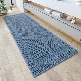 AMOAMI Waffle Bath-Mat, Absorbent Bath Mats for Bathroom Non Slip, Machine Washable Bathroom Rugs with Tassels Ultra Boho Soft Bath Rugs for Bathroom Floor 24''x72'' Blue