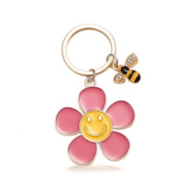 Cute Flower Keychain with Smiley Face Center and Bee Charm for Women's Bag Decoration and Car Keychain