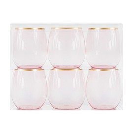 EcoQuality 12 oz Pink Plastic Stemless Wine Glasses with Gold Rim, Disposable Unbreakable Shatterproof Elegant and Reusable Wine Tumbler for Parties, Weddings, Ideal for Indoor or Outdoor Events (18)