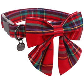 DOGWONG Christmas Dog Collar with Sailor Bow, Red Plaid Dog Collar Soft Durable Adjustable Cotton Red Tartan Gingham Puppy Collar for Small Medium Large Dog