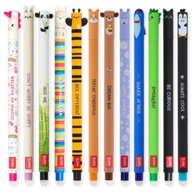 LEGAMI - Set of 12 Erasable Gel Pens with Thermosensitive Erase Ink, Range of ink colours & barrel designs, 0.7mm Tip, Animal Designs
