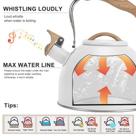 Tea Kettle, Vegoran 100 OZ / 3 Liter Whistling Tea Kettle, Tea Pots for Stove Top Food Grade Stainless Steel with Wood Pattern Folding Handle, Loud Whistle Kettle for Tea, Coffee, Milk (White)