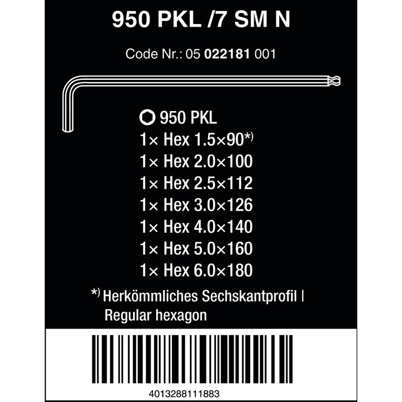 Wera 05022101001 Magnet-L-key Set for 950 PKL/7B SM metric