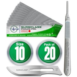 Scalpel Blades # 10 Stainless Steel Sterile Scalpel Surgical Blades Pack of 20 and Steel Handle for Wood Art, Surgical, Sculpting, Repairs, Lab Anatomy, Sign, Card Making Lab Training SURGIGR10-20