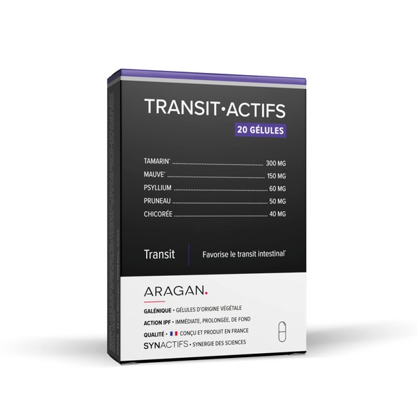 ARAGAN - Synactives - Transitactives - Intestinal Transit Food Supplement - Tamarin, Purple, Psyllium, Prune, Chicory - 20 capsules - 10 days taken - Made in France