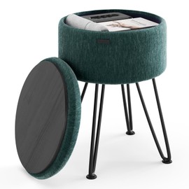 STORAGEBUD Round Ottoman with Storage, Textured Velvet Storage Ottoman, Foot Stool Ottoman, Makeup Vanity Stool, Small Ottoman Foot Rest, Modern Ottomans for Living Room and Bedroom, Green