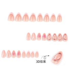 Press on Nails Short Almond for Women Fake Nails Pink French Tip with 3D Flower Design Full Cover False Nails for Women Manicure 24 Pcs (Pink-17, Short-17)