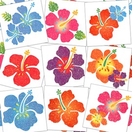 Kathfly 180 Pcs Hibiscus Temporary Tattoos Glitter Hawaiian Flower Tattoos Stickers for Face Body Decoration Women Summer Tropical Aloha Party Favors Summer Gift