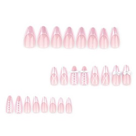 Foccna Press on Nails Medium Long Pearl Pink Fake Nails Almond Glossy 3D False Nail Tips Artificial Nails French Finger Manicure for Women and Girls-24pcs
