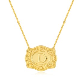 Belt Buckle Necklace With Initial For Women, 18k Gold Plated Mini Embossed Letter Pendant Western Charm Gift Jewelry, Medium, Copper, No Gemstone